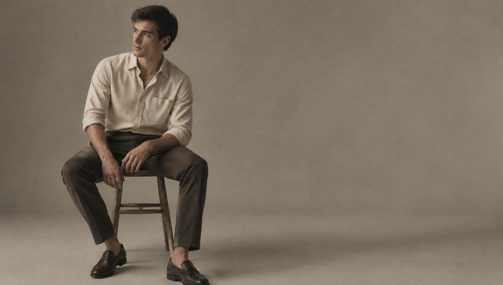 Man in a beige shirt seated in a quiet studio